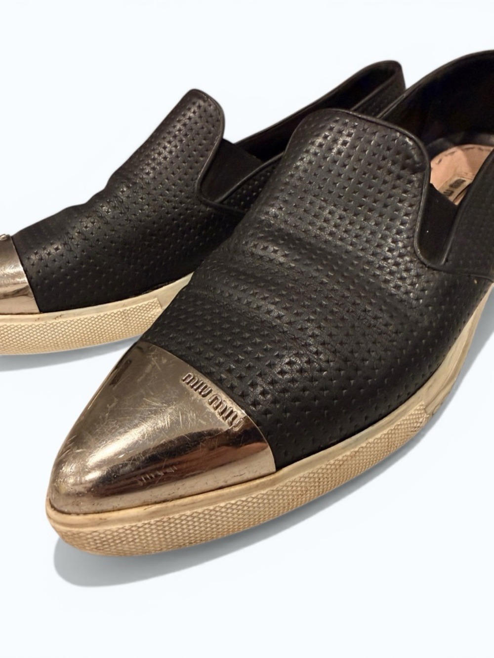 Miu Miu Black Perforated Leather Metal Toe Slip On Sneaker EU 41